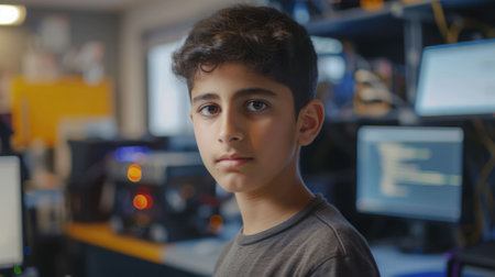 The picture of the middle eastern male teenager studying and learning about the technology in the room, learning related to technology require skills like the logical reason and computer skill. AIG43.の素材