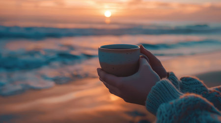 The close up picture of the person is holding the cup of the coffee by their own hand also walking at the side of the beach near the sea or an ocean that has been shine by the light from a sun. AIG43.の素材
