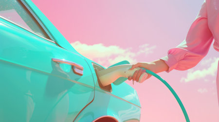 The pastel picture of the person holding the charger to charging the electric vehicle or ev car, the chargeable car is the new technology in renewable green energy that friendly to the world. AIG43.の素材