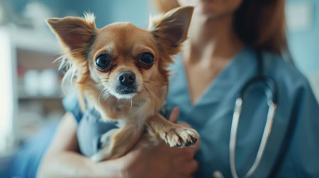 The picture of the adult veterinarian and dog staying in the office of the clinic or hospital that they working in there and take care the canine or other animal also examine them to the cure. AIG43.の素材