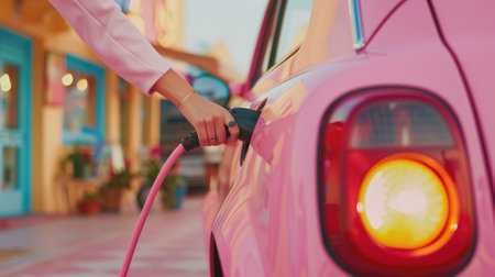 The pastel picture of the person holding the charger to charging the electric vehicle or ev car, the chargeable car is the new technology in renewable green energy that friendly to the world. AIG43.の素材