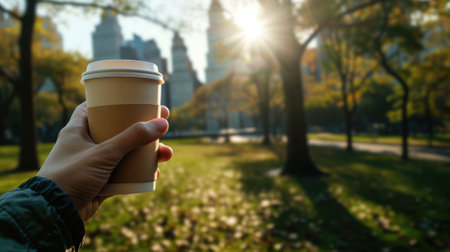 The close up picture of the person is holding the cup of the coffee by their own hand to relax inside the park for the relaxation also has been filled with trees and plants in the bright day. AIG43.の素材