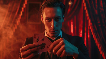 The picture of the magician or poker dealer holding the poker cards on hand, the smart gambler is showing the poker card in the casino, the poker dealer has confident in the poker card on hand. AIG43.の素材