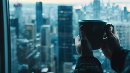 The picture of the person holding the cup of the coffee or other type of beverages on the top of the building in the morning with the bright of the sun that can be portray as the relaxation. AIG43.の素材