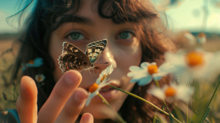 The close up picture of the person holding the butterfly on the finger that has been surrounded with the plant and the nature in the springtime of the year under the bright light from the sun. AIG43.の素材