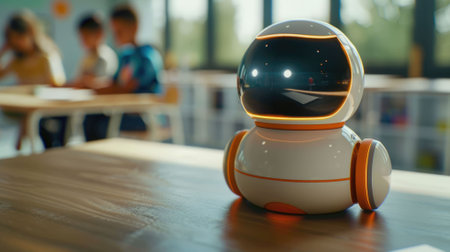 The picture of the robot is staying inside the classroom that has been filled with the children to give advice and assistant for helping the kids, assistant robot is useful for helping human. AIG43.の素材