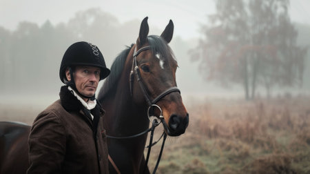 The picture of the cowboy or horse trainer with the horse that has been surrounded with wild nature under the sun at the dawn or dusk time, horse trainer require handling skills and technique. AIG43.の素材