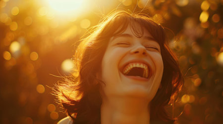 The close up picture of the person is smiling and happy that surrounded with the nature under the bright light from the sun, the feeling of the freshness that surrounded with the green nature. AIG43.の素材