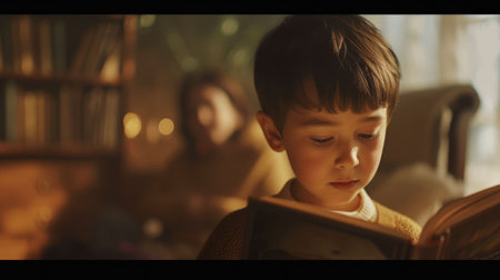 The close up picture of the kid focusing on reading book and blur background with family behind the back, reading book require skill like focus skill, summarizing skill and critical thinking. AIG43.の素材