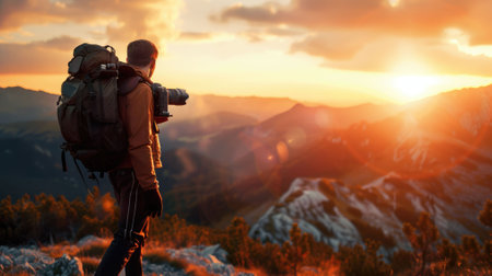 The picture of the professional photographer shooting the picture of nature with the camera and beautiful landscape under the sun light, cameraman require photography knowledge and creative. AIG43.の素材