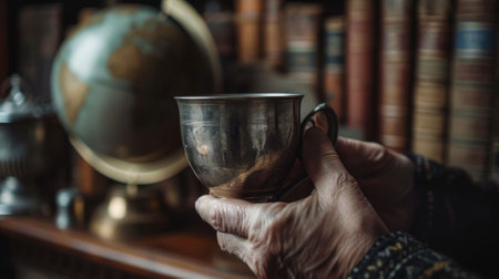 The close up picture of the person is holding the cup of the coffee by their own hand inside the library that has been filled with the multiple books with cozy environment and feel relaxation. AIG43.の素材