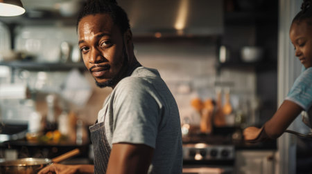 The picture of the parent is cooking the food inside the kitchen in the evening of the day for dinner, the cooking require knife skill, cooking technique, ingredient knowledge and experience. AIG43.の素材