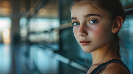 The close up picture of the caucasian female ballet dancer looking at camera in the studio with blur background, the ballet dancer require skill technique, flexibility, balance and experience. AIG43.の素材
