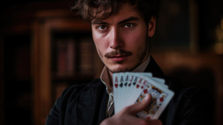 The picture of the magician or poker dealer holding the poker cards on hand, the smart gambler is showing the poker card in the casino, the poker dealer has confident in the poker card on hand. AIG43.の素材