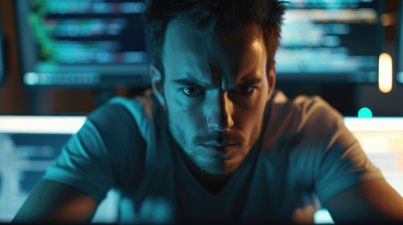 The picture of the software developer or programmer working with the computer and data inside the dark room with monitor, the developer require skills like problem solving and program language. AIG43.の素材