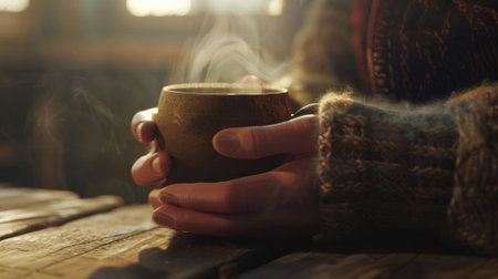 The close up picture of the person is holding the cup of the coffee by their own hand that has been rest on the table made from wood in the cozy warm feel inside the room for the relaxation. AIG43.の素材
