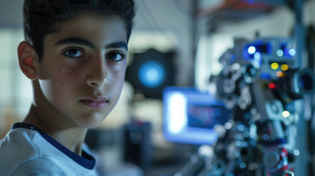 The picture of the middle eastern male teenager studying and learning about the technology in the room, learning related to technology require skills like the logical reason and computer skill. AIG43.の素材