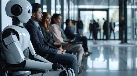 The picture of the unemployed robot sitting next to the group of human for an appointment of the interview, the interview require preparation, resume review, practice and communication skill. AIG43.の素材