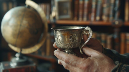 The close up picture of the person is holding the cup of the coffee by their own hand inside the library that has been filled with the multiple books with cozy environment and feel relaxation. AIG43.の素材