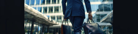 The picture of a person is working as business person with bag and walking to office building, the businessman also require skill like management, negotiation, marketing and the communication. AIG43.の素材
