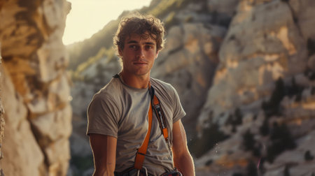 The picture of the climber is climbing the mountain with the equipment, the rock climbing activity is extreme sport require skills endurance training, climbing technique and safety practice. AIG43.の素材