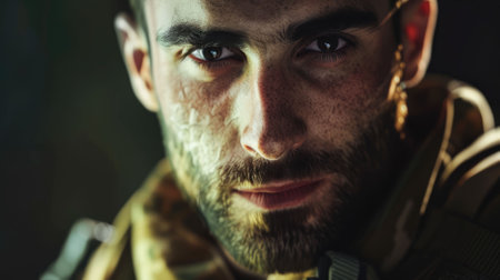 The close up picture of the military officer is working on the operation in the warfare or battlefield, the military require skill like endurance, training, physical strength and combat skill. AIG43.の素材