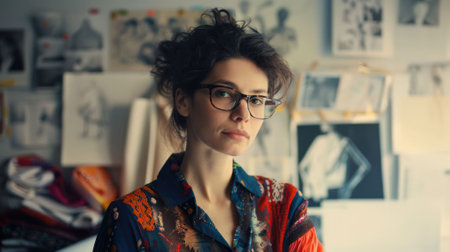 The picture of the fashion designer in the studio that has been filled with paper of drawing on wall of the room, the designer require skills like fabric knowledge, creativity, fashion trends. AIG43.の素材