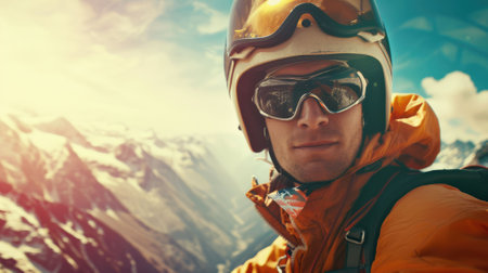 The picture of the caucasian male is prepare to paragliding from the peak of the mountain under the blue sky with cloud, the paragliding require skill paraglide knowledge and flight equipment. AIG43.の素材
