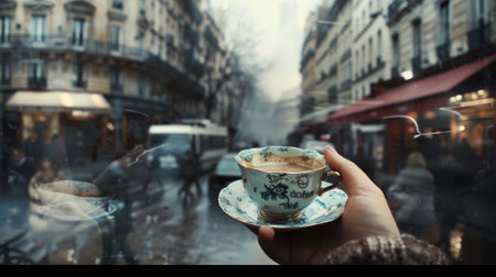 The close up picture of the person is holding the cup of the coffee by their own hand and walking on a street for relaxation also surrounded by building in city with people on blur background. AIG43.の素材
