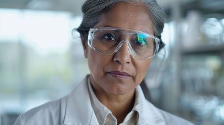 The picture of the senior south asian female pharmaceutical researcher in the laboratory and wearing lab coat and safety glasses, the researcher require the research technique and knowledge. AIG43.の素材