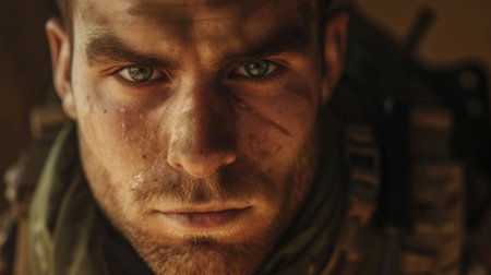 The close up picture of the military officer is working on the operation in the warfare or battlefield, the military require skill like endurance, training, physical strength and combat skill. AIG43.の素材