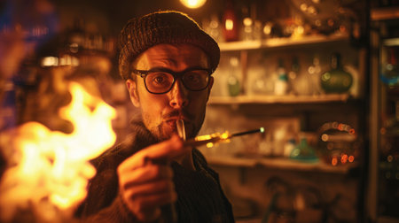 The picture of the glass blower that has been making the glass by heat up and reshape it inside the workshop, the glass blower require skills like shaping technique, experience and knowledge. AIG43.の素材