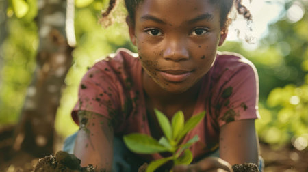 The close up picture of the young african american is planting the plant also dirty by dirt and soil, the horticulture require skill like plant knowledge, soil management, watering technique. AIG43.の素材