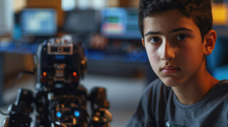 The picture of the middle eastern male teenager studying and learning about the technology in the room, learning related to technology require skills like the logical reason and computer skill. AIG43.の素材