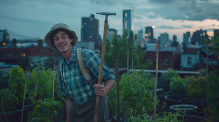 The picture of the gardener working on the rooftop inside the urban area about gardening the vegetable garden, the gardener require skill like soil management, plant knowledge and pest control. AIG43.の素材