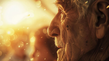 The close up side view picture of the grandparent looking and staring at something that represent waiting for someone or something yet surrounded by family of them under sunlight of evening. AIG43.の素材