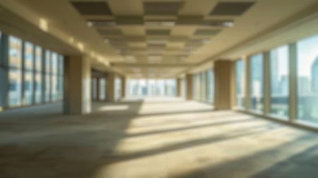 Blur background of modern marble hallway with pillars and reflective floor. Modern white hallway or...