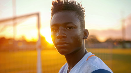 The close up picture of the african soccer or football player is exhausted after exercising or playing football, the football player require training, physical endurance and football technique. AIG43.の素材