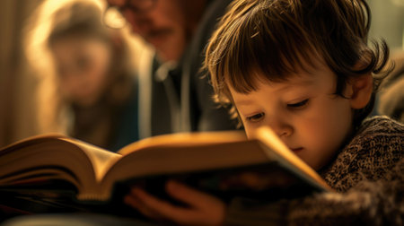 The close up picture of the kid focusing on reading book and blur background with family behind the back, reading book require skill like focus skill, summarizing skill and critical thinking. AIG43.の素材