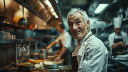 The picture of the professional chef is working inside kitchen of the restaurant, the job about preparing food require experience, cooking skills and concentration, chef must know best flavor. AIG43.の素材