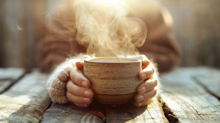 The close up picture of the person is holding the cup of the coffee by their own hand that has been rest on the table made from wood in the cozy warm feel inside the room for the relaxation. AIG43.の素材
