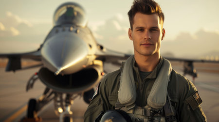 The picture of the air force pilot in flight gear standing near the jet fighter, the pilot require skills like combat tactics, situational awareness, physical fitness and continuous training. AIG43.の素材