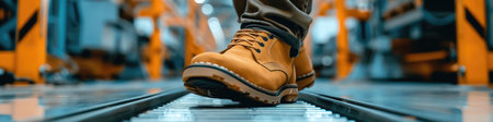 The close up picture view of the engineer is working inside the factory and focus on the boots, the engineer require skill like the technical experience, management and the communication skill. AIG43.の素材