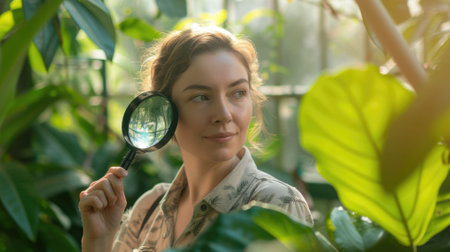 The picture of the botanist holding the magnifying glass inside the greenhouse has been surrounded with green tree and plant, the botanist require skill like plant identification and knowledge. AIG43.の素材