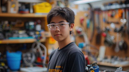 The picture of the east asian male teenager that wearing the safety goggle inside workshop about robot or technology, the robotics engineer require skill electrical and mechanical engineering. AIG43.の素材