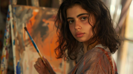 The close up picture of middle east artist drawing painting inside workshop that has been filled with colour, the artist require skill like creativity, colour theory, passion, art experience. AIG43.の素材