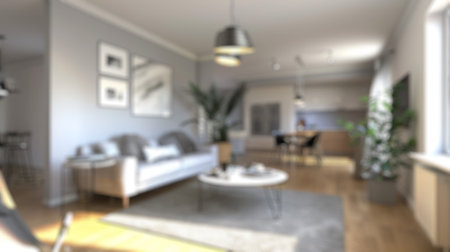 Blur background of cozy living room with mid-century modern furniture and plants. Living room with...