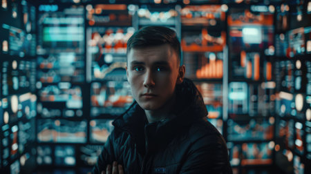 The close up picture of east europe digital market businessman is working inside office filled with monitor, the digital market require skill like creativity, marketing skill and data analysis. AIG43.の素材