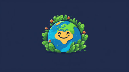 Happy cartoon Earth with vibrant nature elements. Ecological and environment-friendly concept with cheerful character for design and educational purpose. Green energy. Environmentally concept. AIG35.の素材