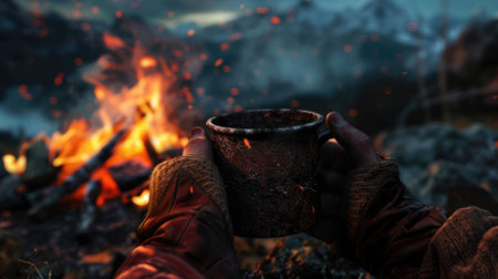 The close up picture of the person holding the cup of the coffee by their own hand to relax near fireplace for relaxation with dark gloomy blur background yet feel warm by the source of heat. AIG43.の素材